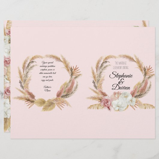 Boho Floral Waterverf Pampas Palm Wedding Programm (Voorkant / Achterkant)