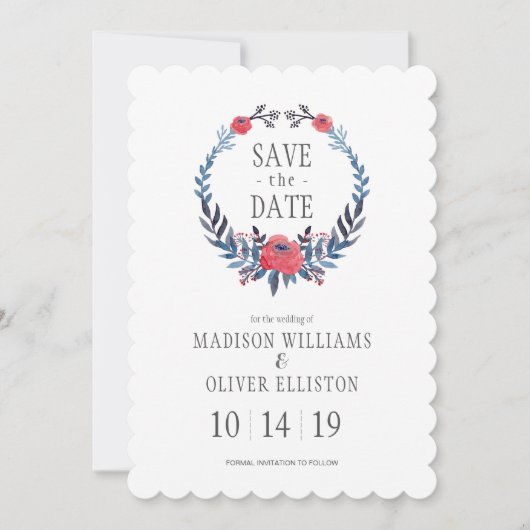 Boho Floral Waterverf Red Roses | Datum opslaan Save The Date (Voorkant)