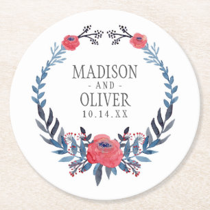 Boho Floral Waterverf Red Roses Weddenschap Ronde Kartonnen Onderzetter