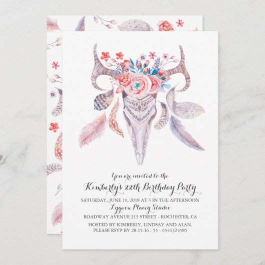 Boho Floral Waterverf Skull Birthday Party Kaart (Voorkant / Achterkant)
