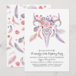 Boho Floral Waterverf Skull Birthday Party Kaart