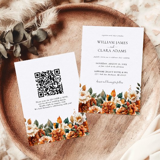 Boho Floral Waterverf Terracotta QR Code Huwelijk Kaart