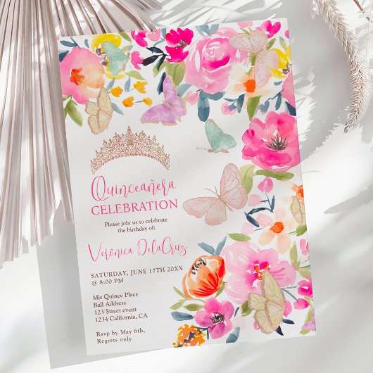 Boho floral waterverf vlinders quinceanera kaart