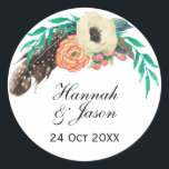 Boho Floral Waterverf Wedding Ronde Sticker<br><div class="desc">Een trendy boho bloemenbloemen waterverf sticker voor bruiloftsgunsten,  correspondentie en meer,  dit ontwerp heeft een indeling van bloemen en een gevlekte veer om te coördineren met een bijpassende bruiloft uitnodiging. Voer jouw tekst in plaats van de getoonde voorbeeldtekst in.</div>