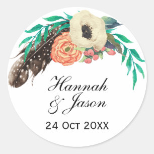 Boho Floral Waterverf Wedding Ronde Sticker