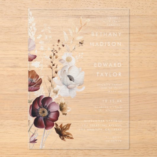 Boho Floral Wedding Acryl Uitnodigingen (Voorkant)