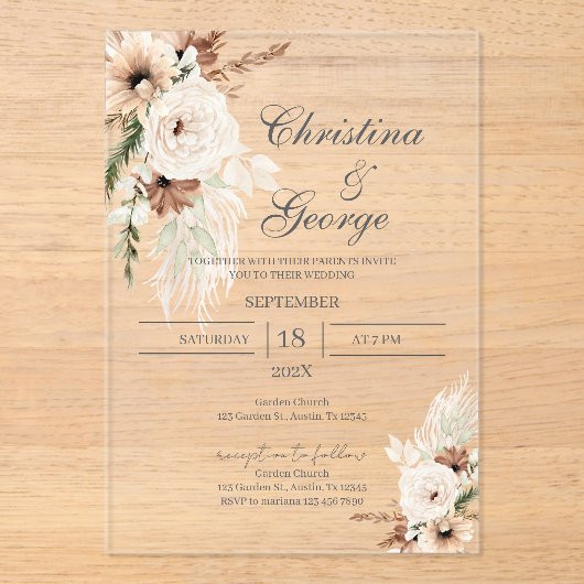 Boho Floral Wedding Acrylic Invitation Acryl Uitnodigingen (Voorkant)