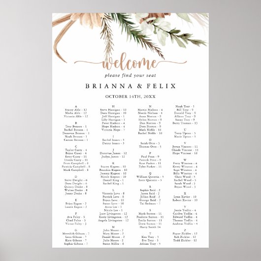 Boho Floral Wedding Alfabetical Seating Chart Poster (Voorkant)