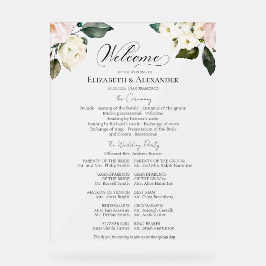 Boho Floral Wedding Ceremony Programma Acryl Teken Acryl Bord (Voorkant)