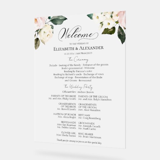 Boho Floral Wedding Ceremony Programma Acryl Teken Acryl Bord (Hoek)