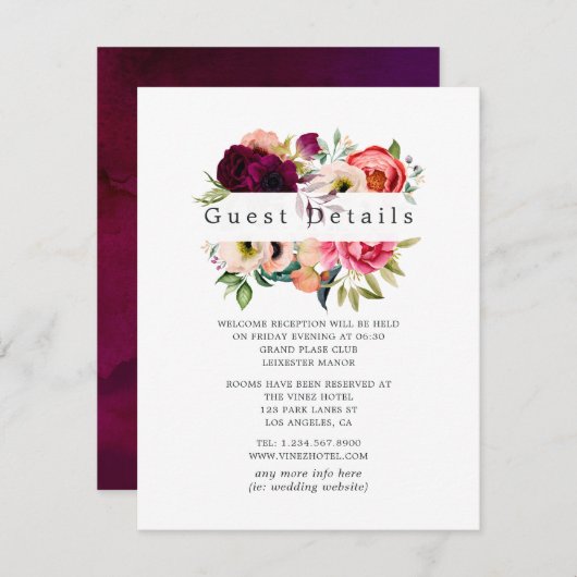 Boho Floral Wedding Guest Details Informatiekaartje (Voorkant / Achterkant)