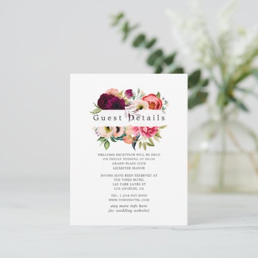 Boho Floral Wedding Guest Details Informatiekaartje (Staand voorkant)