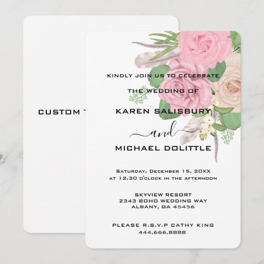 Boho Floral Wedding Invitation – Bewerkbare Sjablo Kaart (Voorkant / Achterkant)