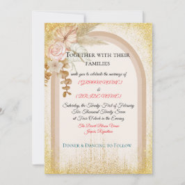 Boho Floral Wedding Invitation with Gold Sparks Kaart