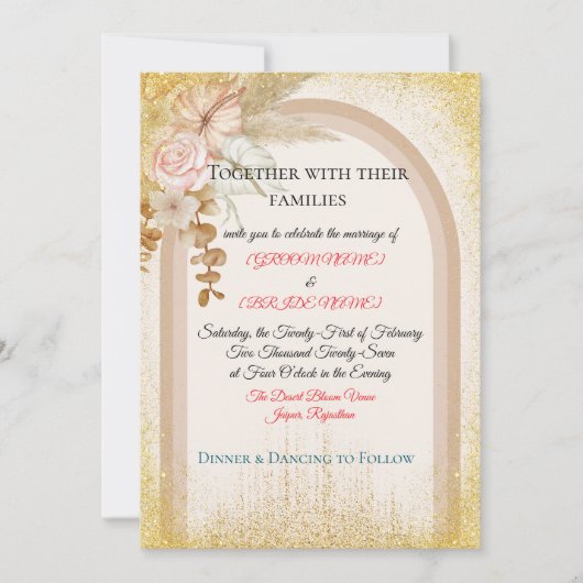 Boho Floral Wedding Invitation with Gold Sparks Kaart (Voorkant)