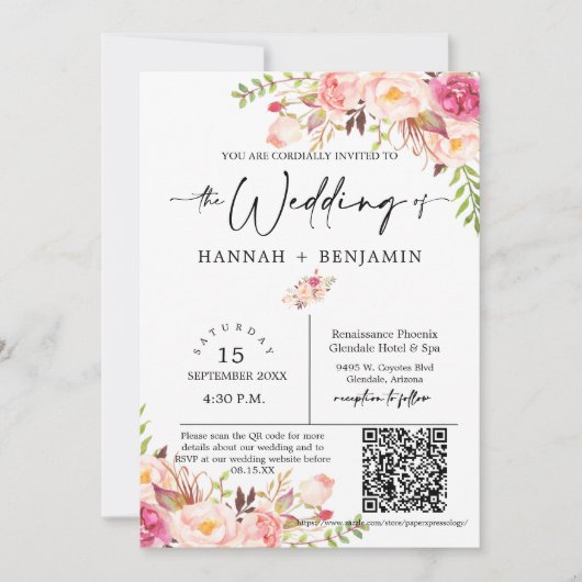 Boho Floral Wedding Minimal Script QR Code Foto Kaart (Voorkant)
