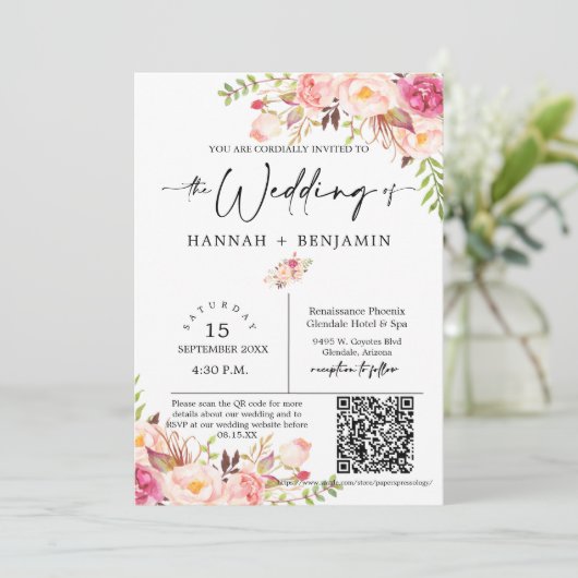 Boho Floral Wedding Minimal Script QR Code Foto Kaart (Staand voorkant)