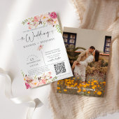 Boho Floral Wedding Minimal Script QR Code Foto Kaart