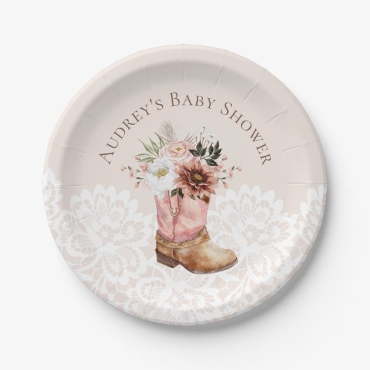 Boho Floral Western Roze Cowgirl Boot Baby shower Papieren Bordje (Voorkant)