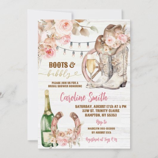 Boho Floral Westerne laarzen en bubbly Vrijgezelle Kaart (Voorkant)