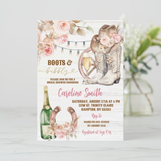 Boho Floral Westerne laarzen en bubbly Vrijgezelle Kaart (Staand voorkant)