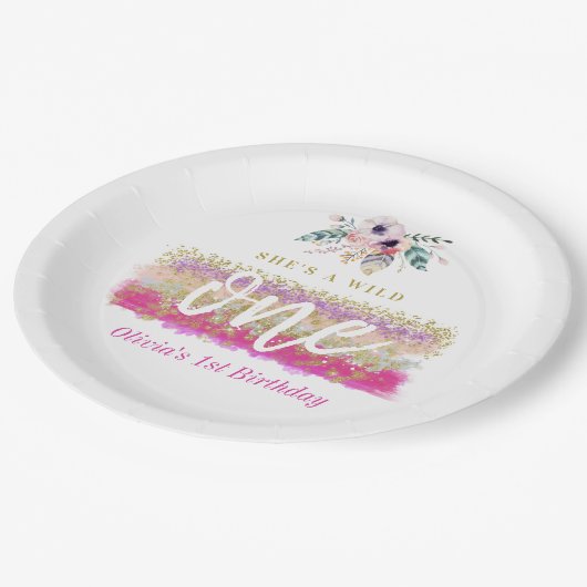Boho Floral Wild Een Meisje's Eerste Verjaardagsfe Papieren Bordje (Gekanteld)