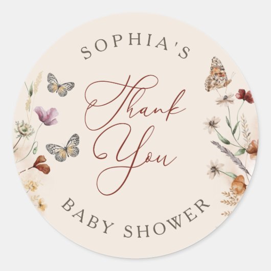 Boho Floral Wildflower Baby shower Dank u Ronde Sticker (Voorkant)