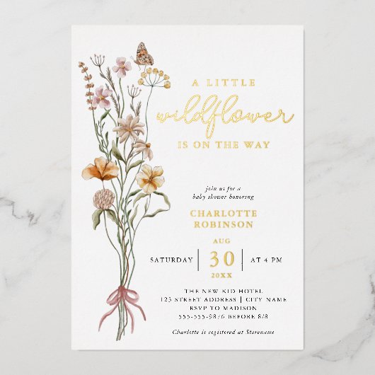 Boho Floral Wildflower Meisje Baby shower Goud Folie Uitnodiging (Voorkant)