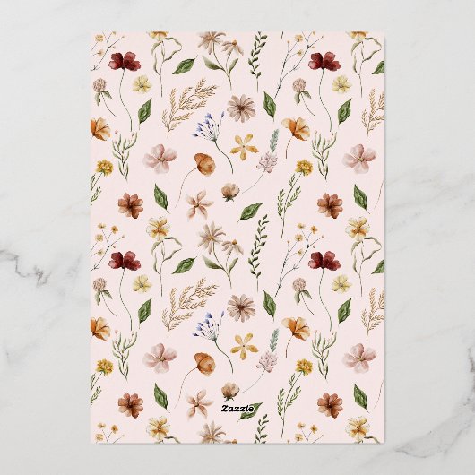 Boho Floral Wildflower Meisje Baby shower Goud Folie Uitnodiging (Achterkant)