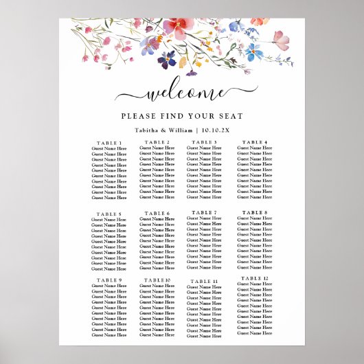 Boho Floral wildflower wedding Seating Chart Poster (Voorkant)