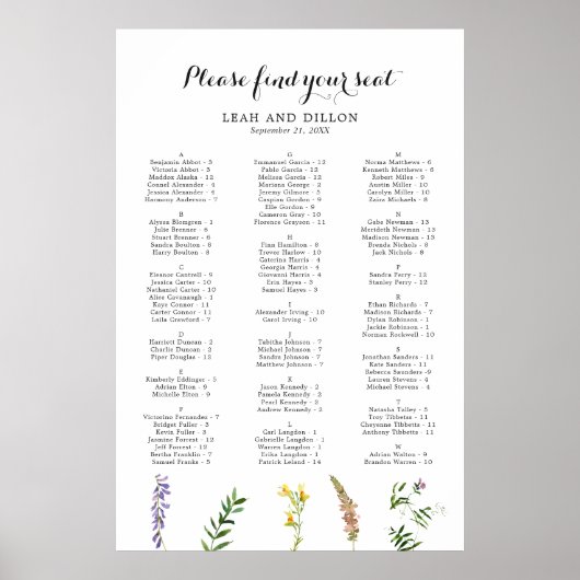 Boho Floral Wildflower Wedding Seding Chart Poster (Voorkant)