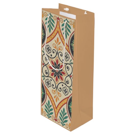 Boho Floral Wine Bag – Warm Sand Accent Wijn Cadeautas (Voorkant Gekanteld)