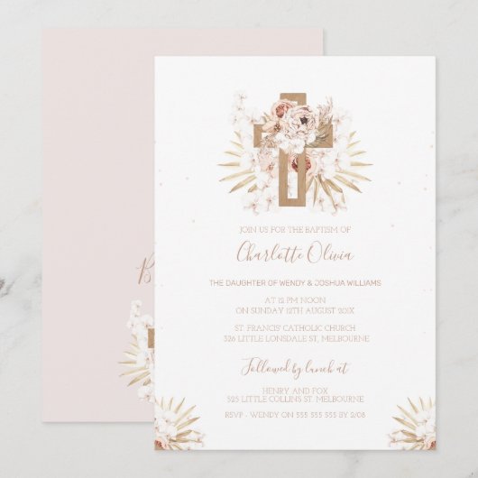 Boho Floral Wooden Cross Baptism Uitnodiging (Voorkant / Achterkant)