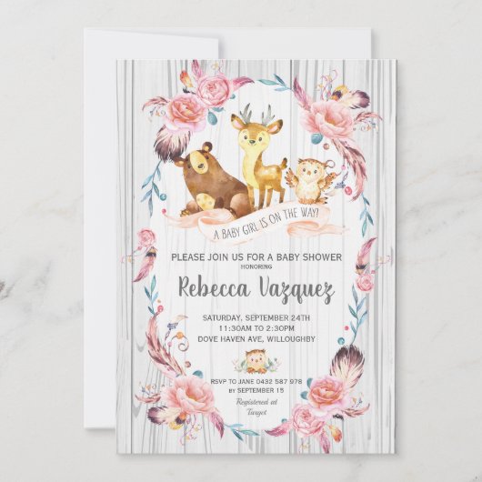 Boho Floral Woodland Animals Baby shower Girl Kaart (Voorkant)