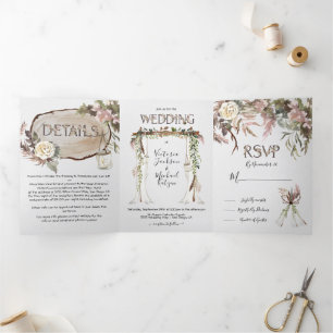 Boho Floral Woodland Bruiloft Tri-Fold uitnodiging