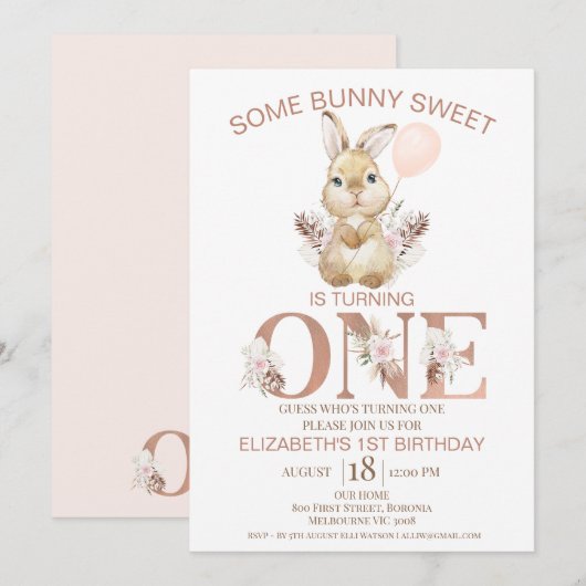 Boho Floral Word Bunny Rabbit 1st Birthday Kaart (Voorkant / Achterkant)