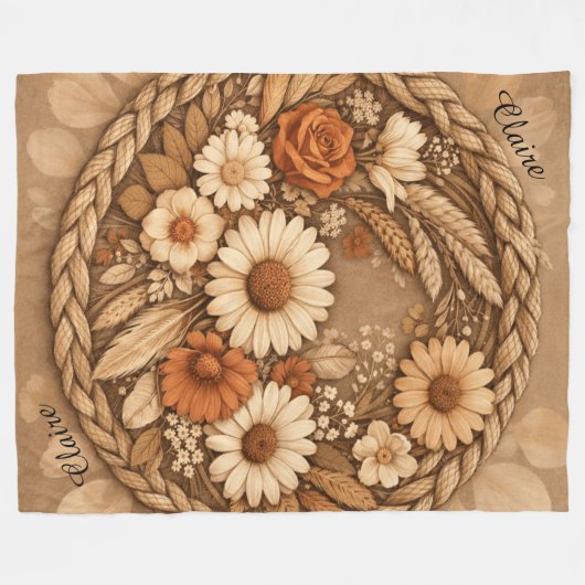 Boho Floral Woven Circle Customizable Fleece Deken (Voorkant (Horizontaal))