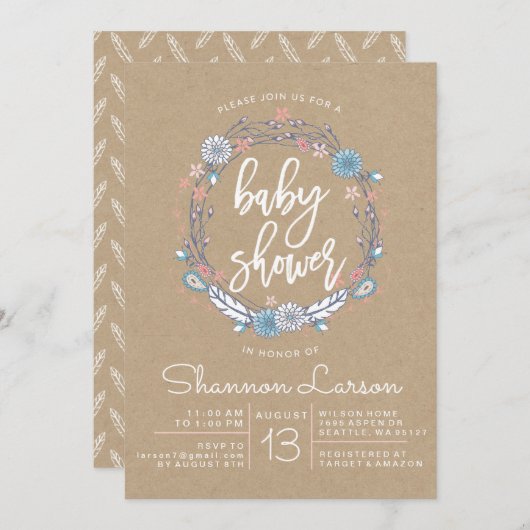 Boho Floral Wreath Baby shower Invitation Kaart (Voorkant / Achterkant)