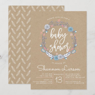 Boho Floral Wreath Baby shower Invitation Kaart