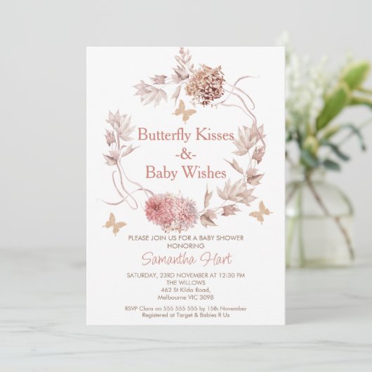 Boho Floral Wreath Butterfly Kisses Baby shower Kaart (Staand voorkant)