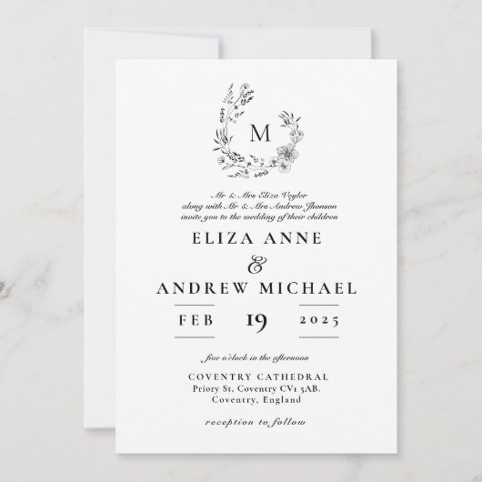 Boho Floral Wreath Monogram Custom Wedding Kaart (Voorkant)