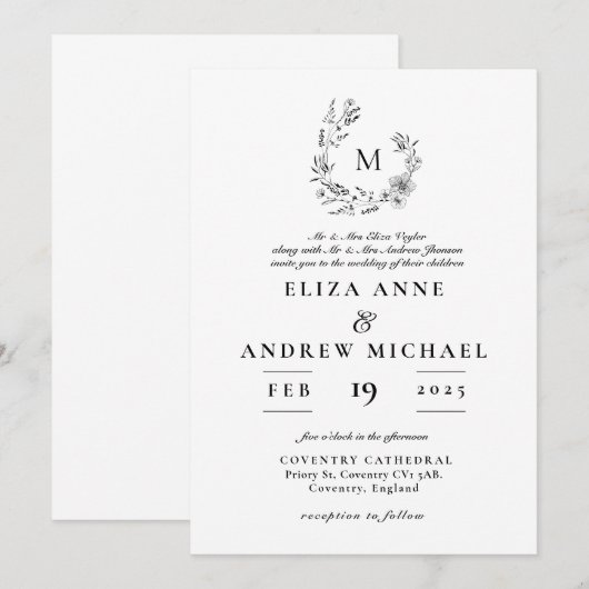 Boho Floral Wreath Monogram Custom Wedding Kaart (Voorkant / Achterkant)