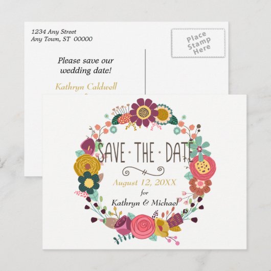 Boho Floral Wreath Wedding Save the Date Aankondigingskaart (Voorkant / Achterkant)