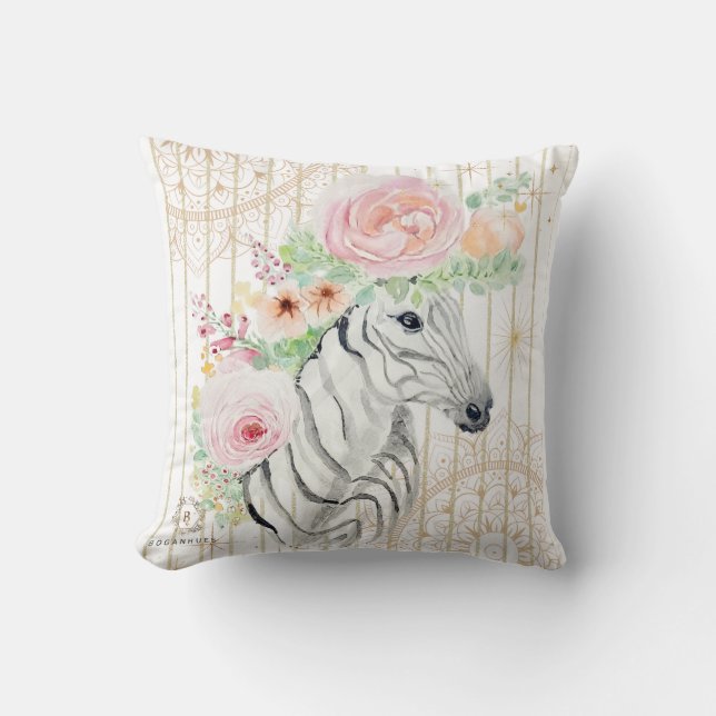 Boho Floral Zebra Pillow – Waterverf Dierenprint Kussen (Voorkant)