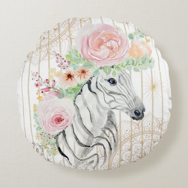 Boho Floral Zebra Pillow – Waterverf Dierenprint Rond Kussen (Voorkant)