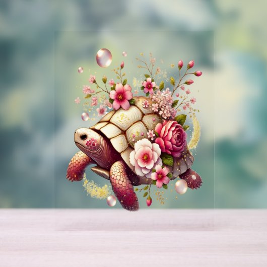 Boho Floral Zee Schildpad Roze Bloesem Acryl Bord (Neutraal)