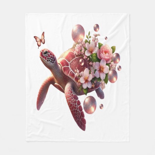 Boho Floral Zee Schildpad, Roze Bloesem Fleece Deken (Voorkant)