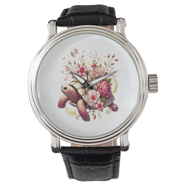 Boho Floral Zee Schildpad Roze Bloesem Horloge (Voorkant)