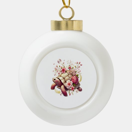 Boho Floral Zee Schildpad Roze Bloesem Keramische Bal Ornament (Voorkant)