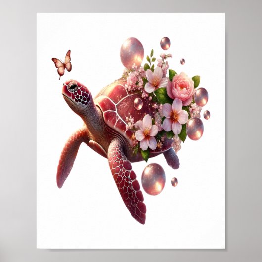 Boho Floral Zee Schildpad, Roze Bloesem Poster (Voorkant)